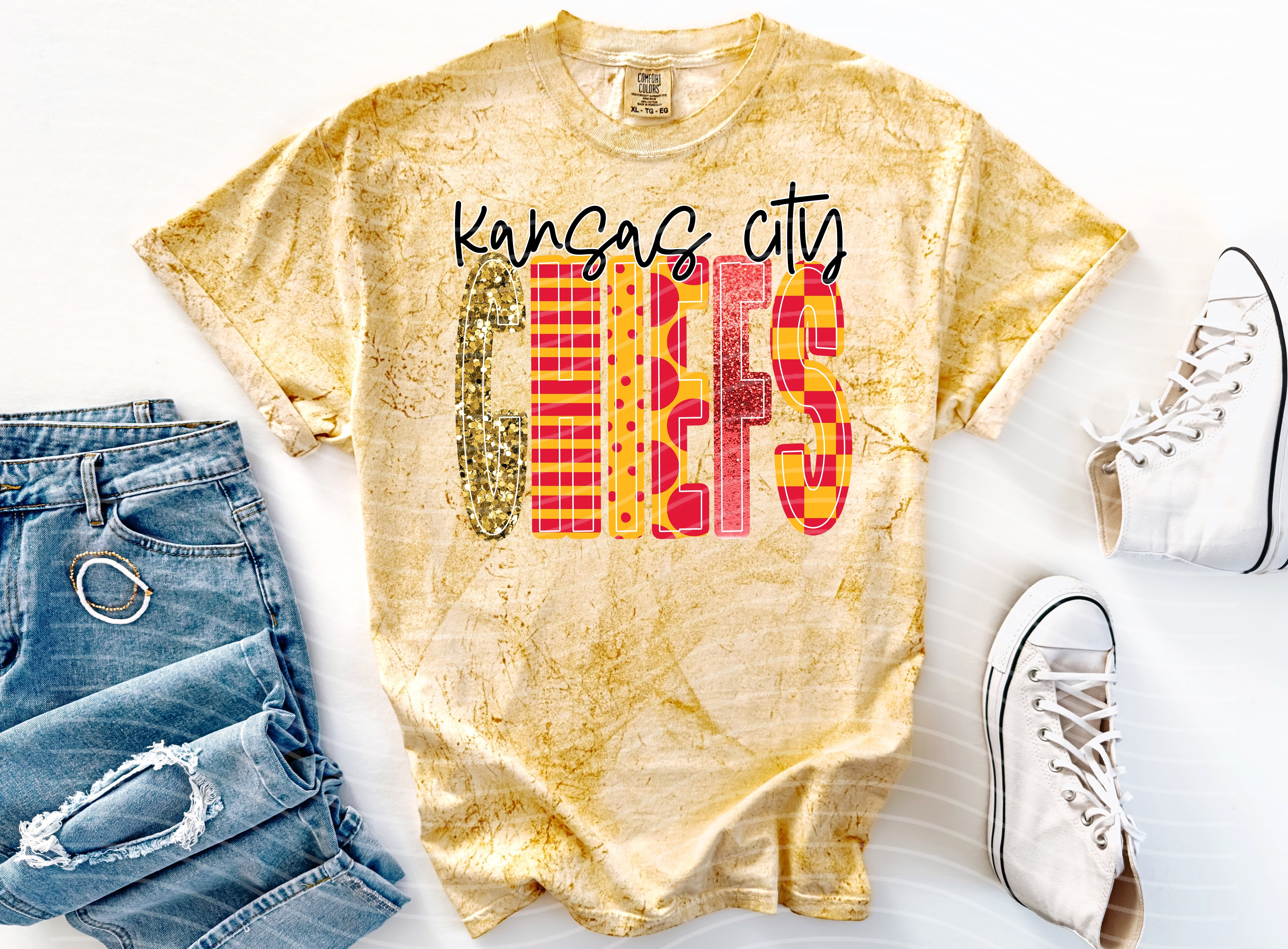 Anchored Grace Boutique Chiefs mixed font graphic tee featuring bold lettering and casual fit on a model.