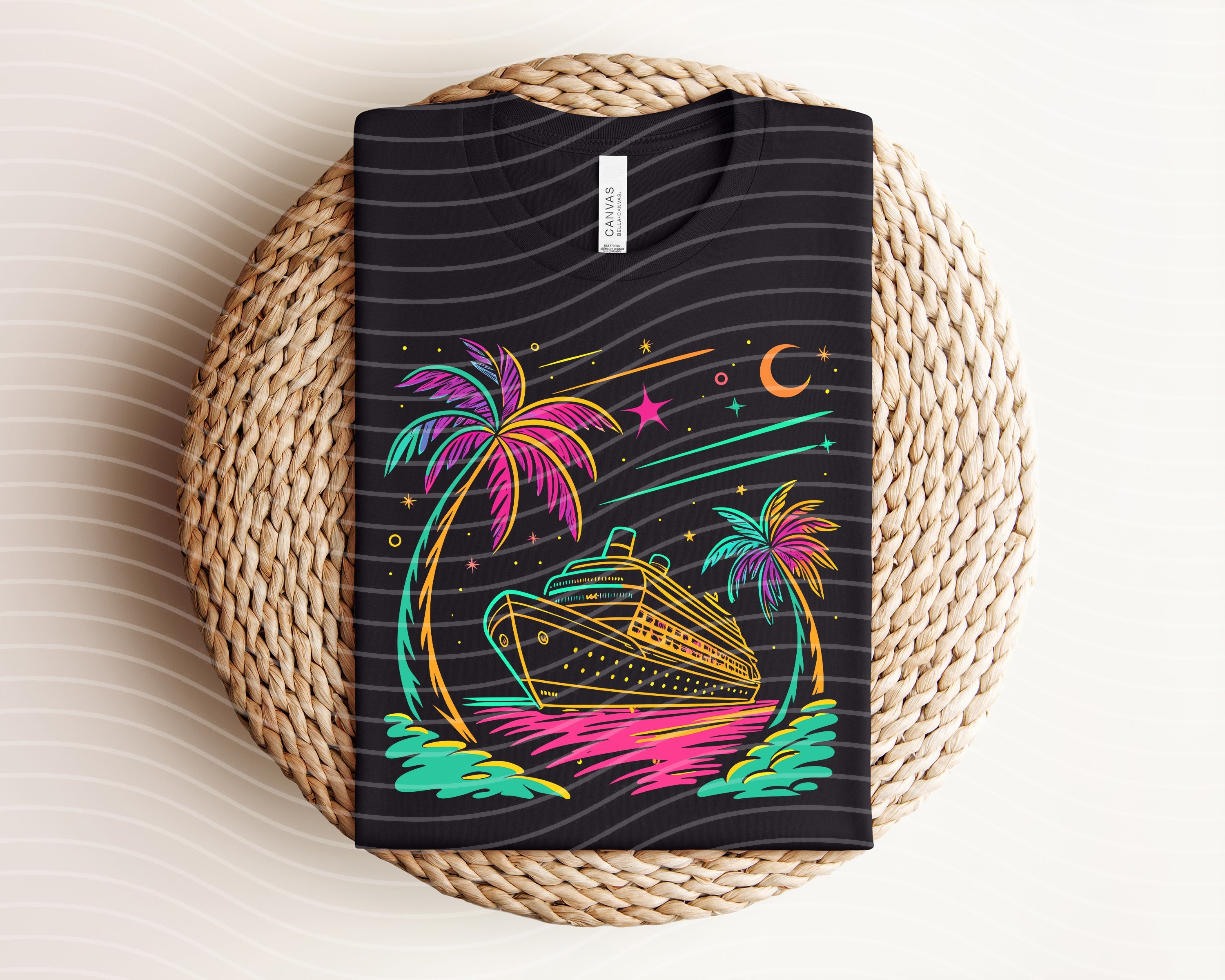 Neon Cruise graphic tee from Anchored Grace Boutique featuring vibrant neon design on a casual t-shirt.