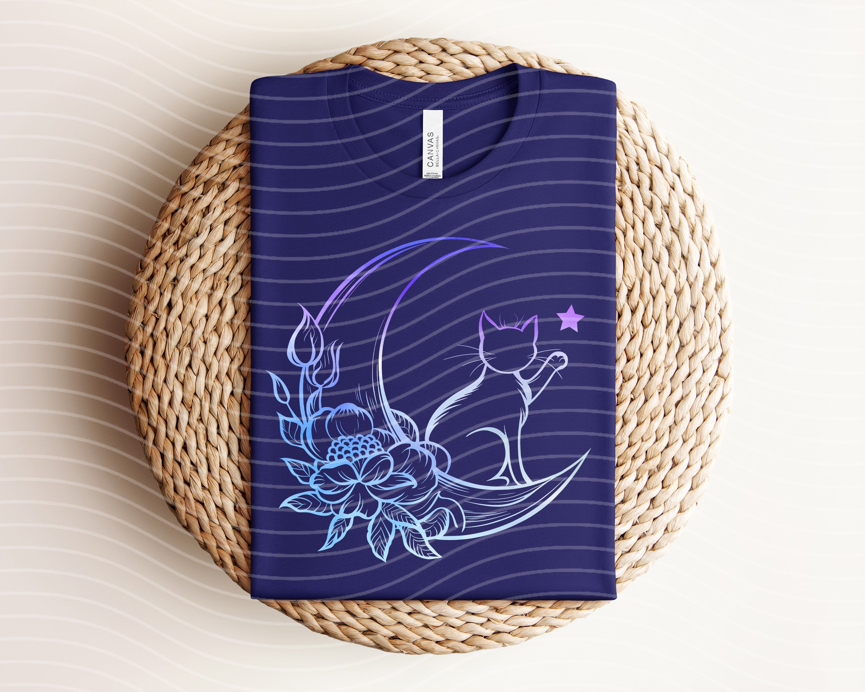 Moon cat graphic tee by Anchored Grace Boutique showing a stylish black t-shirt with a moon and cat illustration.