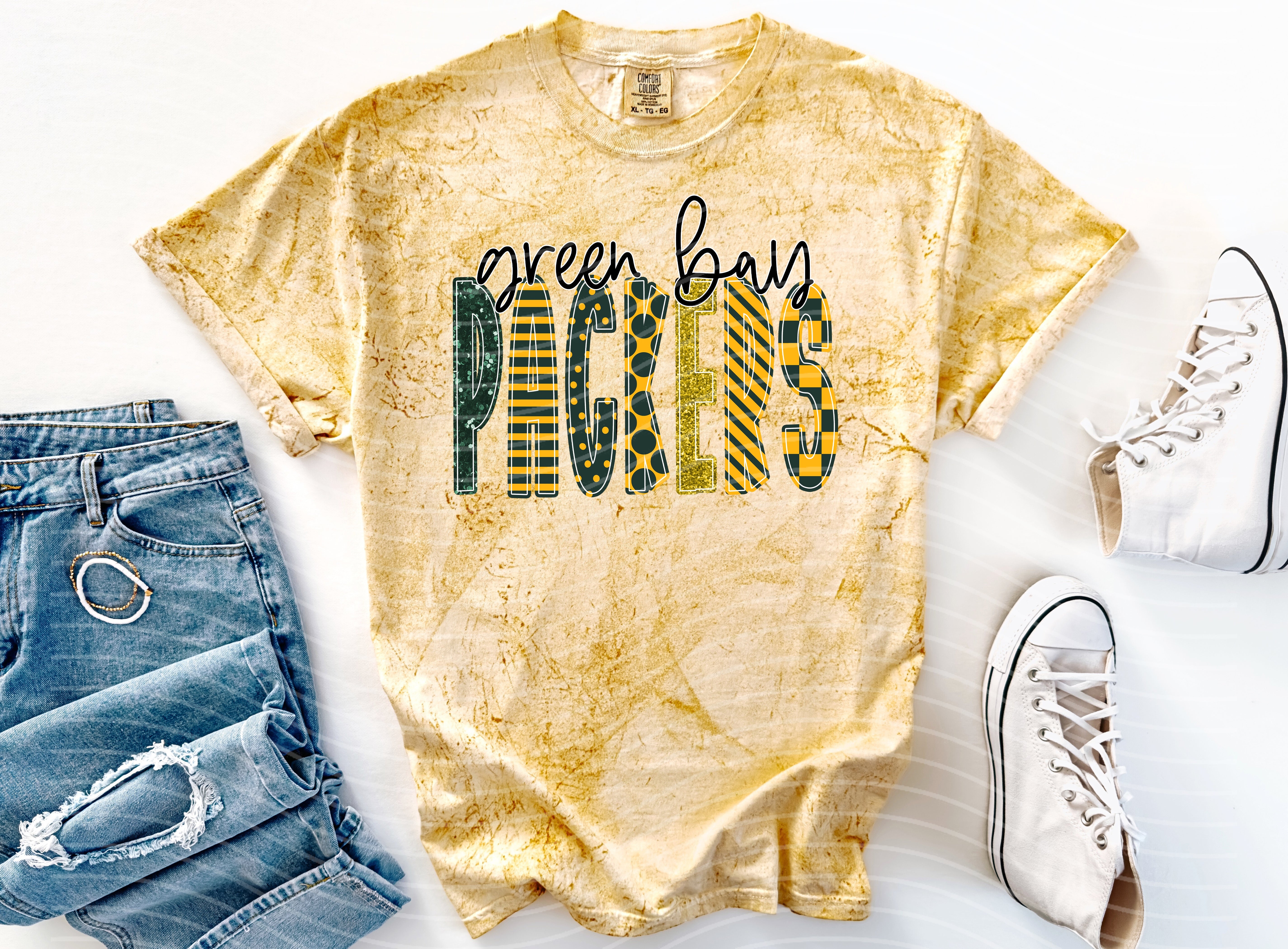 Packers Doodle font graphic tee by Anchored Grace Boutique, featuring a stylish design on a comfortable cotton t-shirt.
