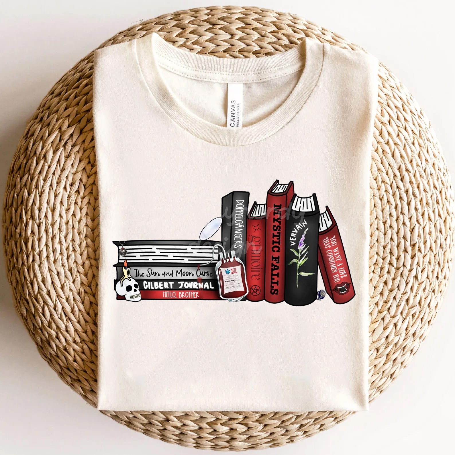 Vampire Diaries books graphic tee from Anchored Grace Boutique featuring a dark, stylish design on a casual cotton shirt.
