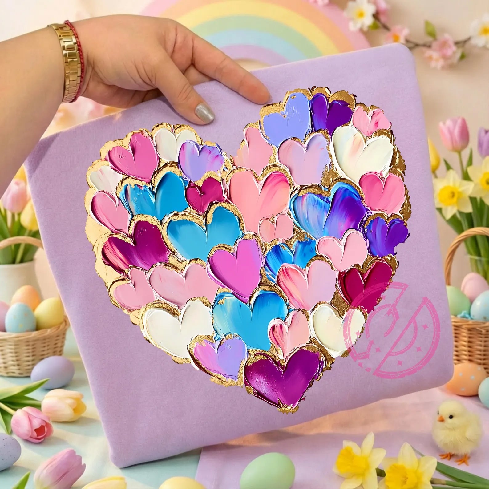 Pink Hearts graphic tee by Anchored Grace Boutique, featuring a colorful heart design on soft cotton fabric.