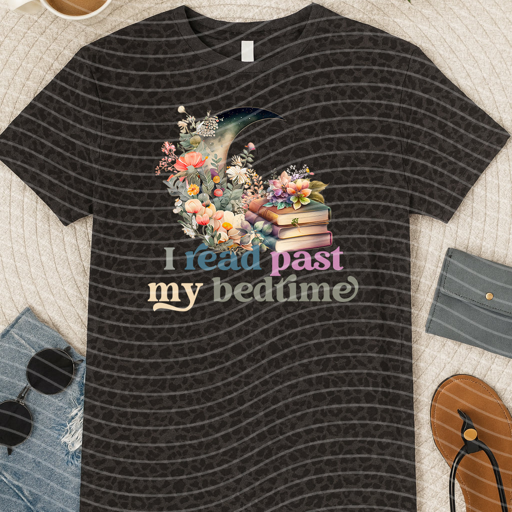 Black graphic tee by Anchored Grace Boutique featuring the phrase "I Read Past My Bedtime" in stylish white text.