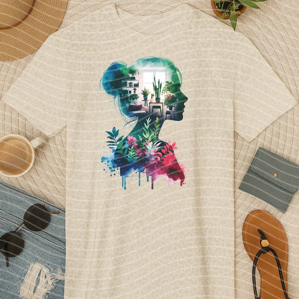 Plant Woman graphic tee by Anchored Grace Boutique featuring a stylish illustration of a woman with plants on a casual t-shirt.