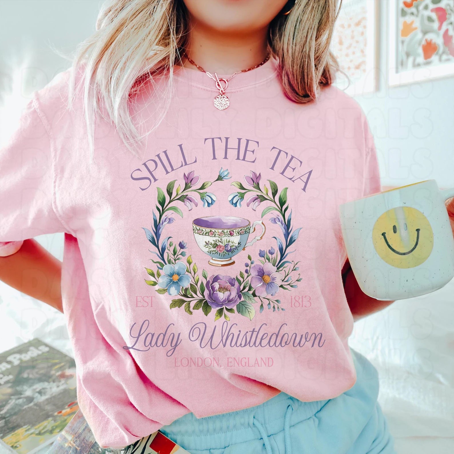 Spill the Tea graphic tee in white with black text, featuring a casual crew neck design from Anchored Grace Boutique.