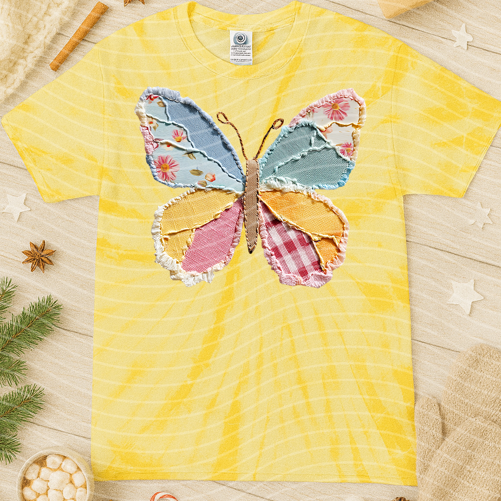 Colorful patchwork butterfly graphic tee for women by Anchored Grace Boutique, featuring vibrant butterfly design on casual tee.