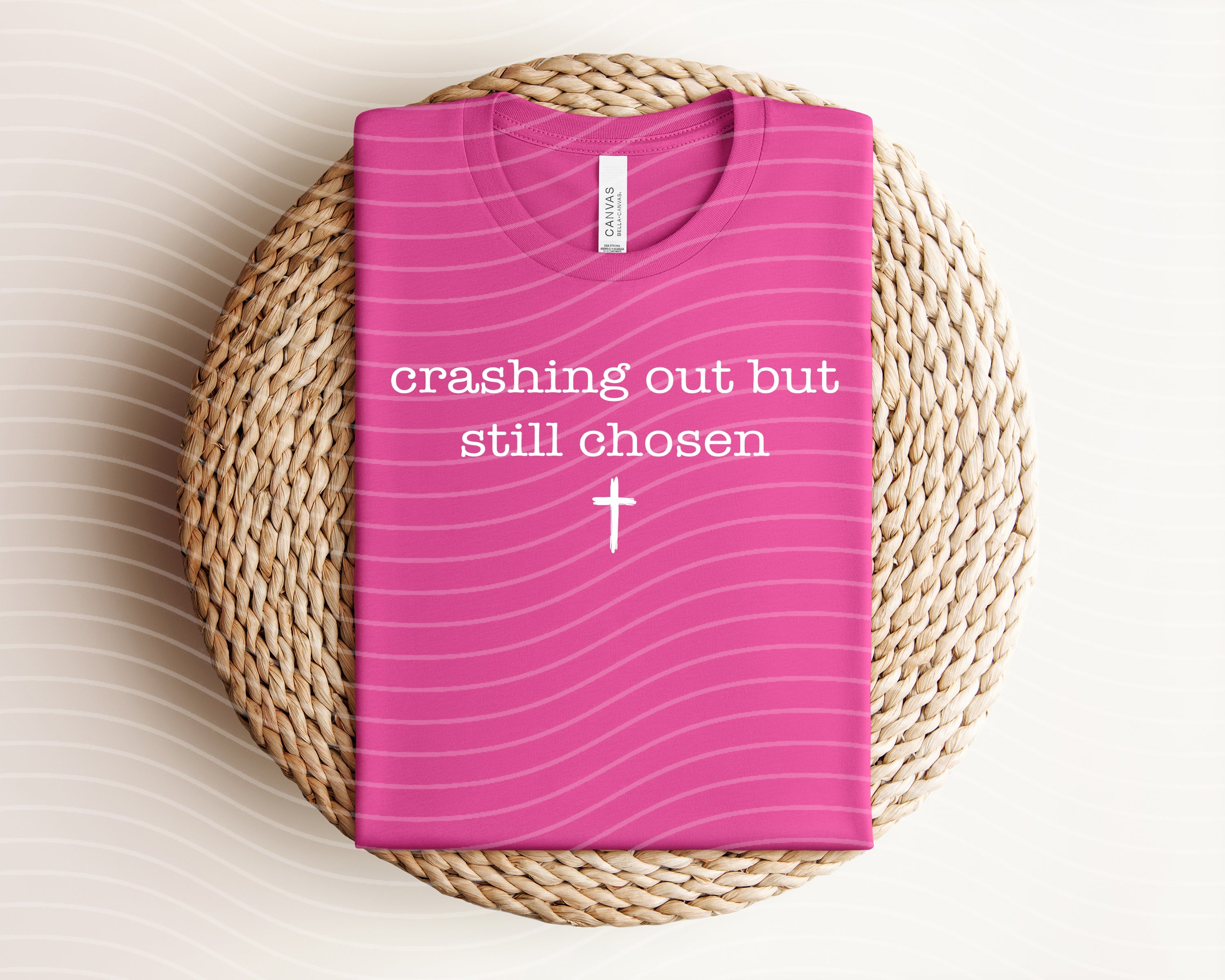 Gray Crashing Out But Still Chosen graphic tee from Anchored Grace Boutique, featuring bold text design on soft fabric.