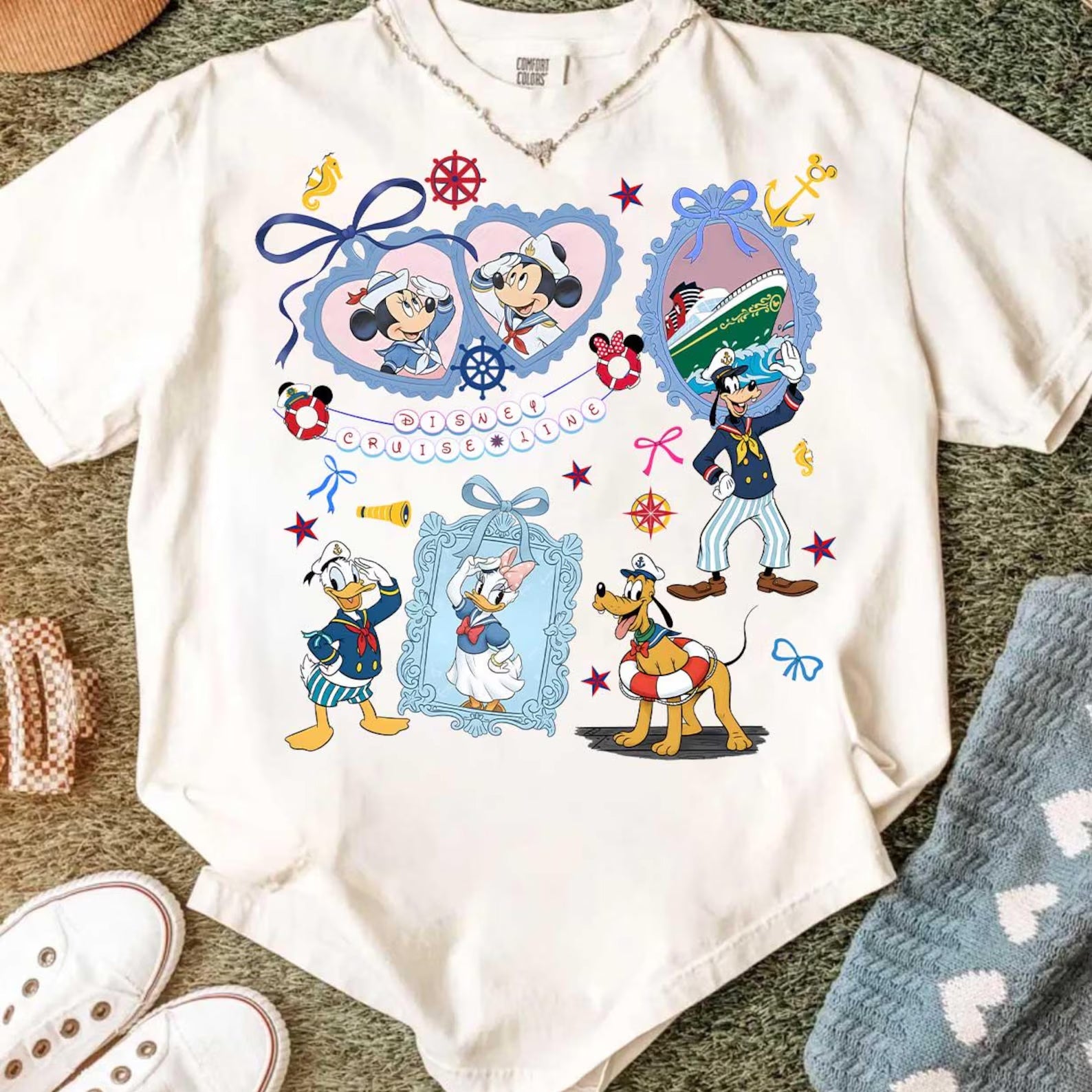 Anchored Grace Boutique DCL Cruise Line graphic tee featuring a colorful cruise ship and nautical design on soft cotton fabric.