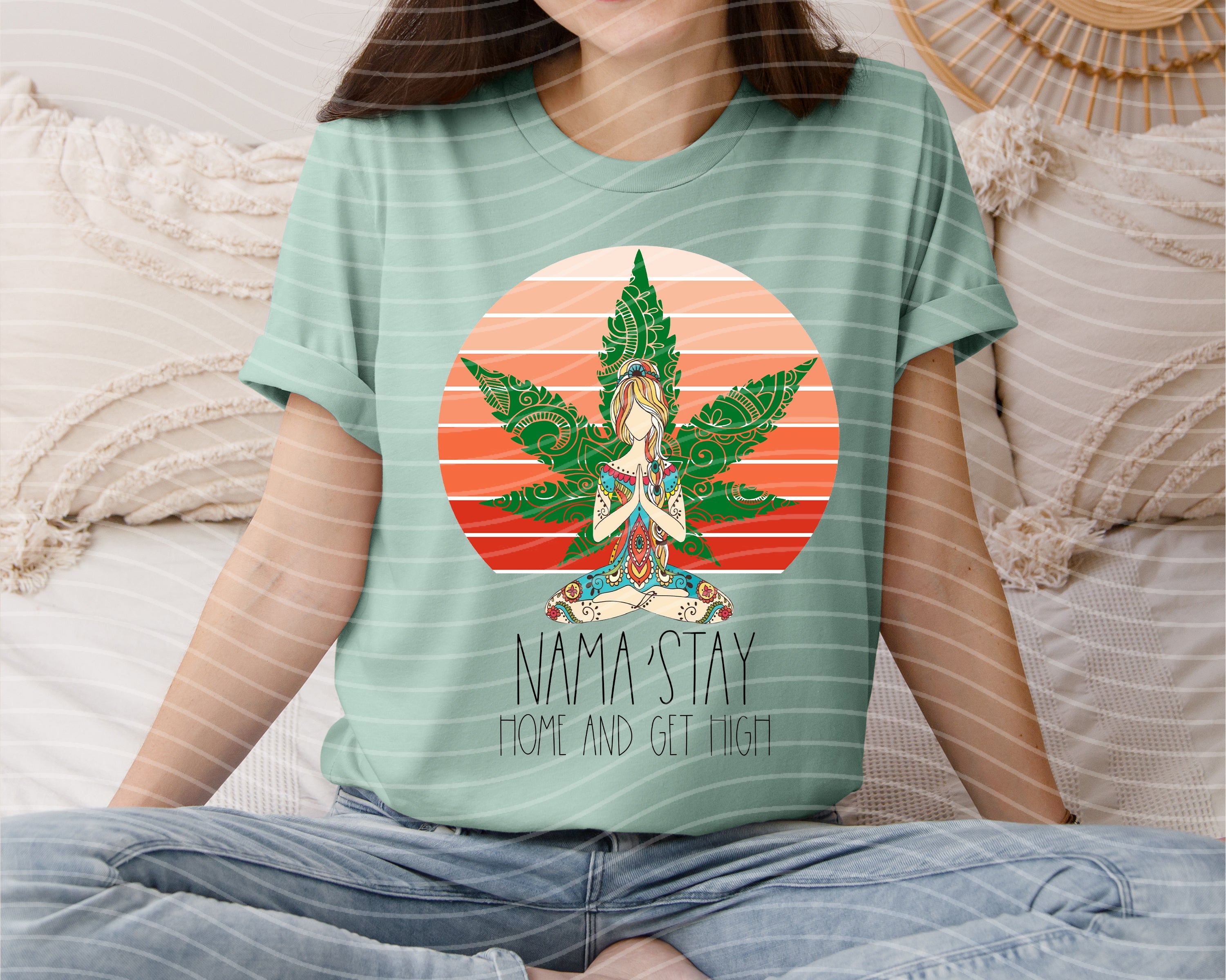 Anchored Grace Boutique graphic tee featuring "Nama'stay at Home and Get High" design, casual style, black fabric, and bold text.