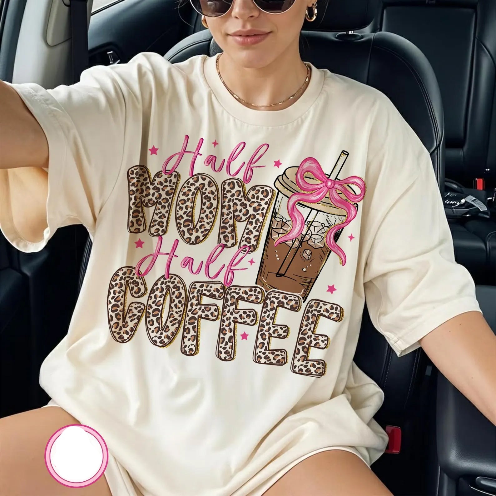Half Mom Half Coffee graphic tee by Anchored Grace Boutique featuring a stylish design on a casual cotton t-shirt.