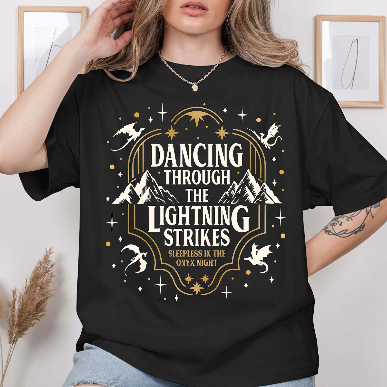 Anchored Grace Boutique graphic tee featuring a vibrant lightning strikes design on soft cotton fabric.