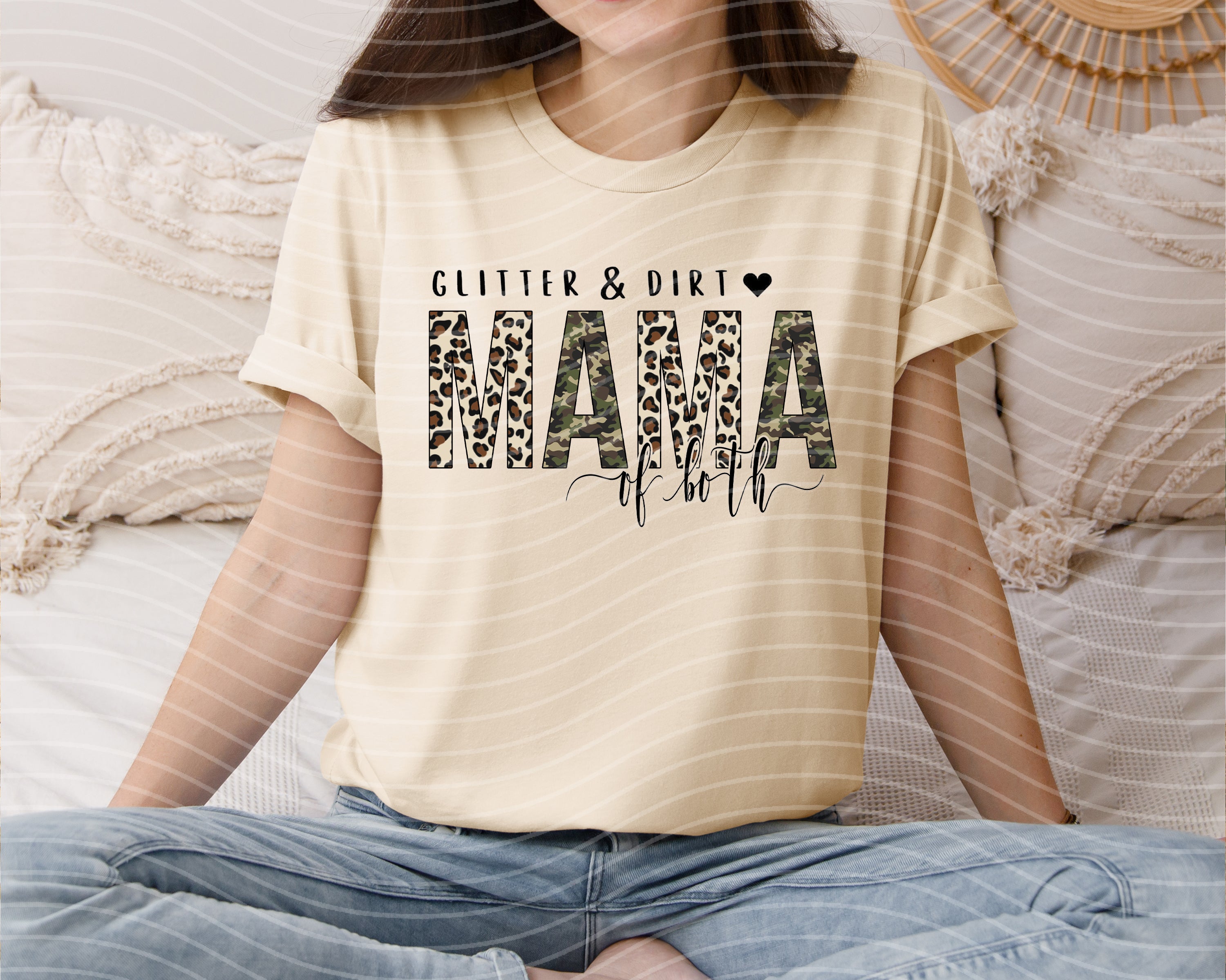 Glitter and Dirt Mama of Both graphic tee by Anchored Grace Boutique featuring a stylish design on soft cotton fabric.