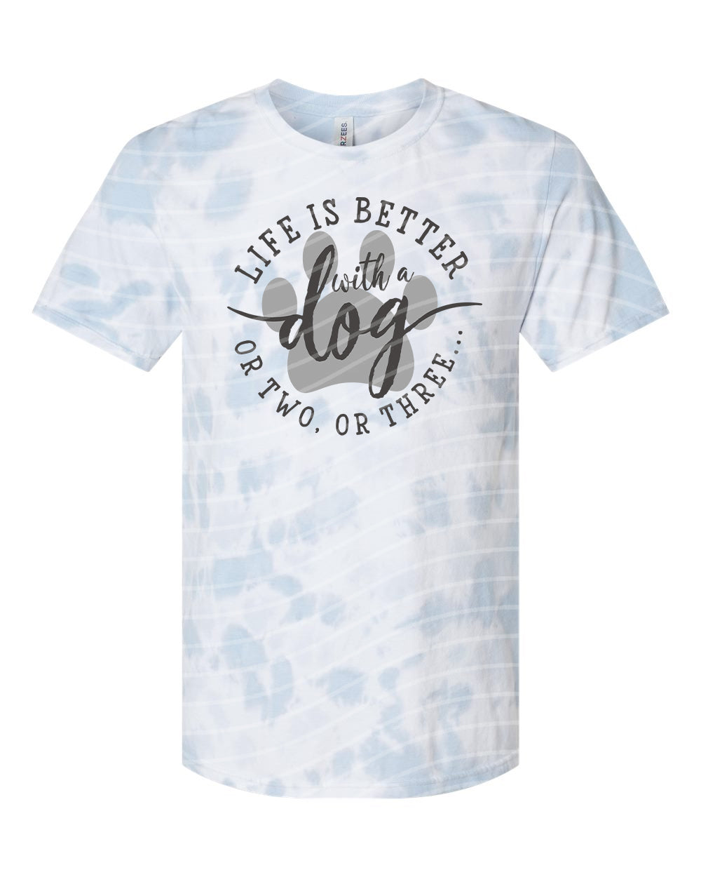 Gray graphic tee from Anchored Grace Boutique with "Life is Better With a Dog" slogan and dog illustration.