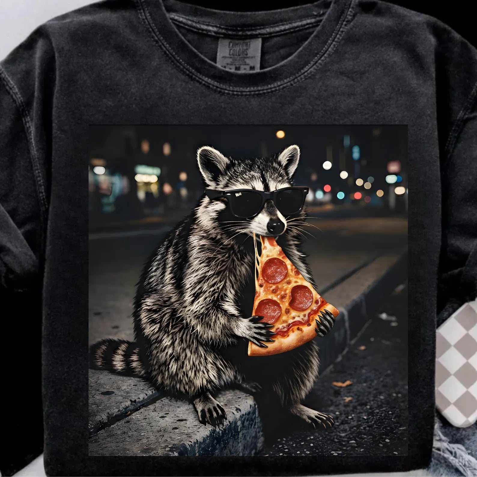 Raccoon pizza graphic tee from Anchored Grace Boutique, featuring a playful raccoon holding a slice of pizza on a casual t-shirt.