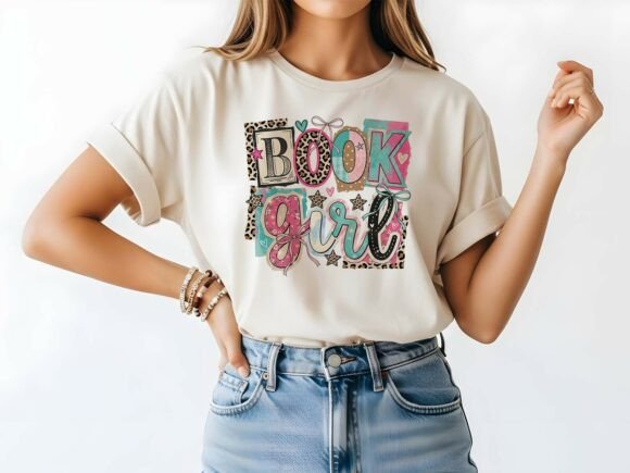 Graphic tee featuring Book Girl design from Anchored Grace Boutique, with a stylish illustration on soft fabric.