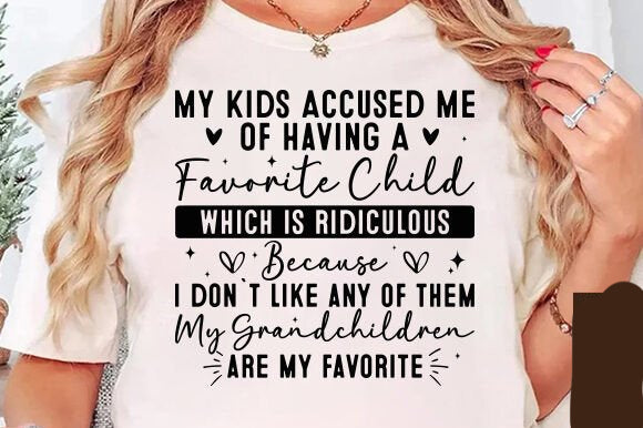 Gray graphic tee from Anchored Grace Boutique with "My Grandchildren are My Favorite" text, casual fit and comfortable style.