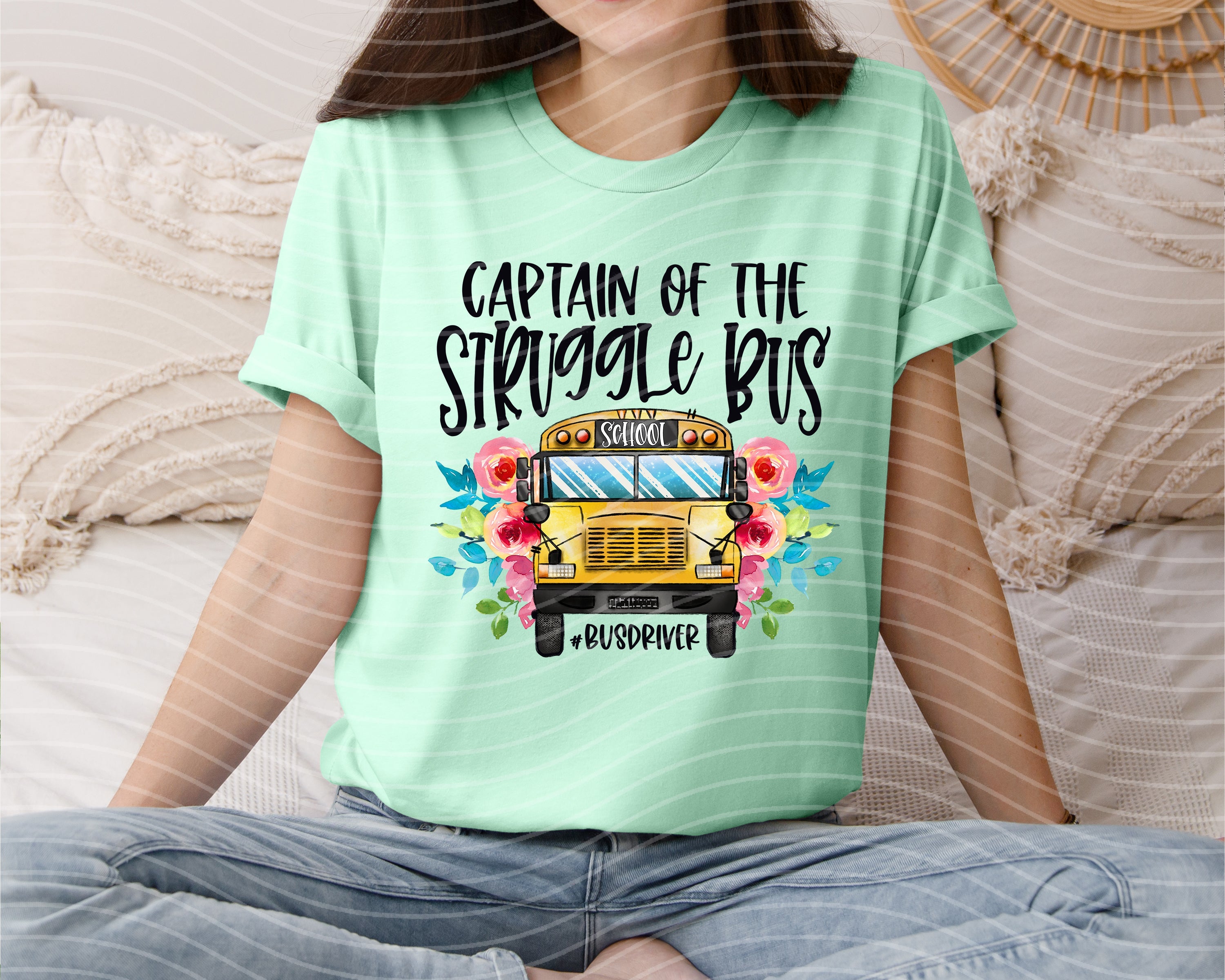 Captain of the Struggle Bus graphic tee by Anchored Grace Boutique, featuring a humorous bus illustration on a casual t-shirt.