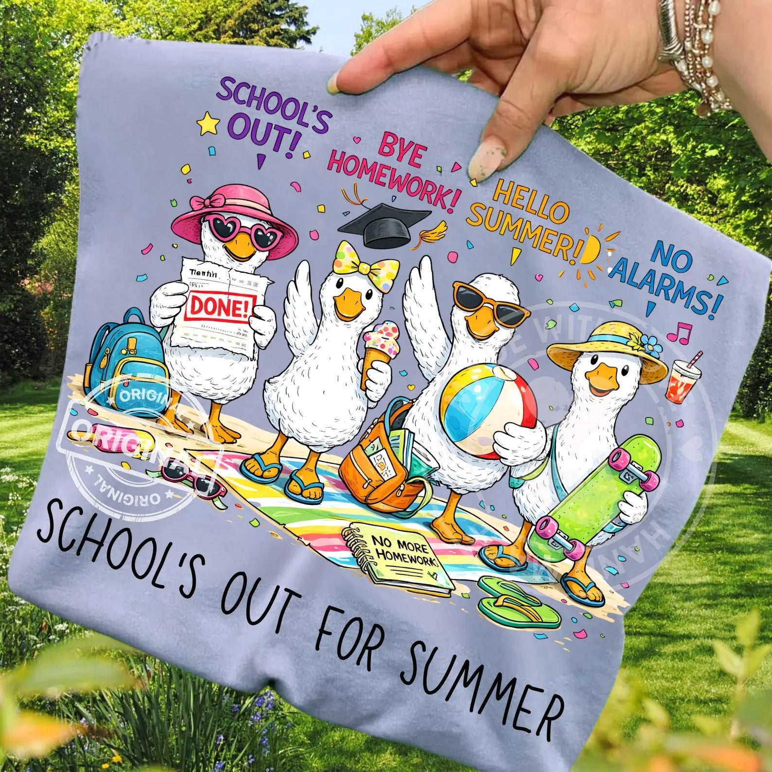 Anchored Grace Boutique's School's Out for Summer graphic tee featuring vibrant summer-themed design on a casual t-shirt.