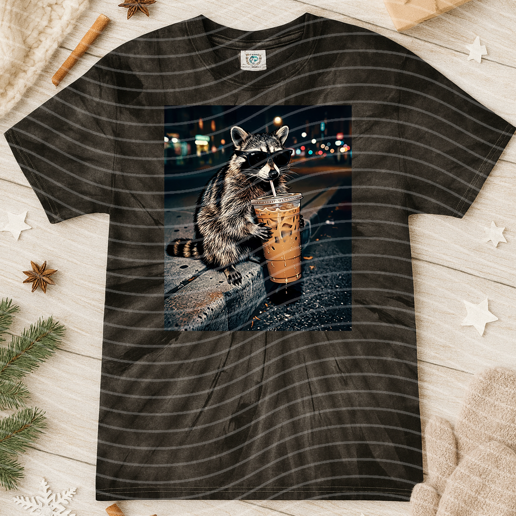 Iced coffee raccoon graphic tee from Anchored Grace Boutique, featuring a playful raccoon holding a coffee cup on a casual t-shirt.