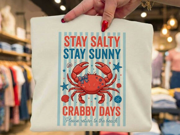 Stay Salty Stay Sunny graphic tee by Anchored Grace Boutique, featuring a bright, colorful design on a casual cotton shirt.