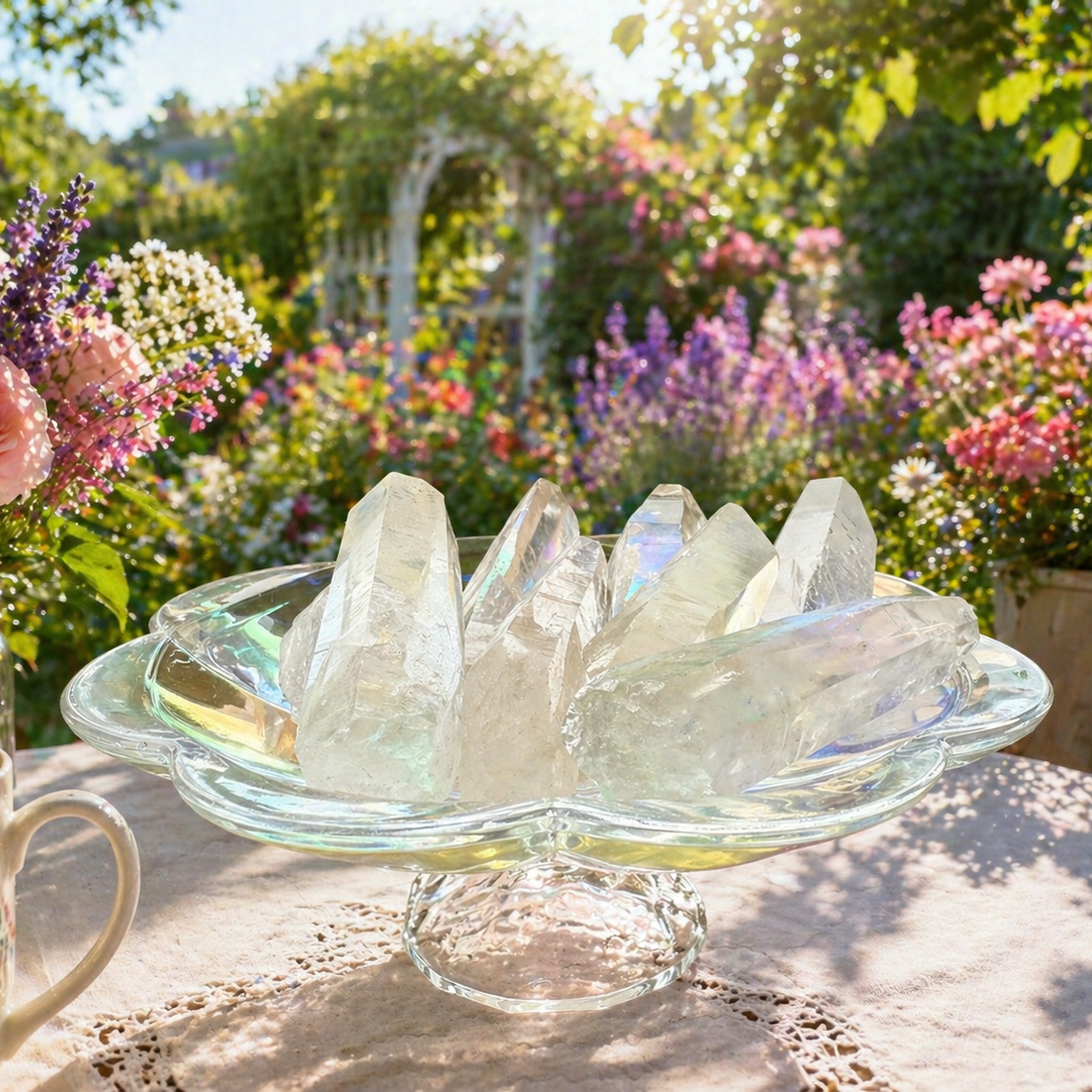 Lemurian Quartz Point crystals in a bowl, showcasing their natural clear quartz with ladder-like striations and unique formations.