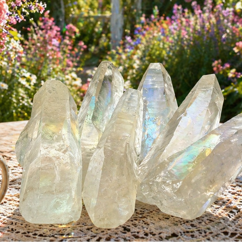 Lemurian Quartz point from 1 Practical Magic Store, clear crystalline crystal with natural striations, polished tip and rough base.