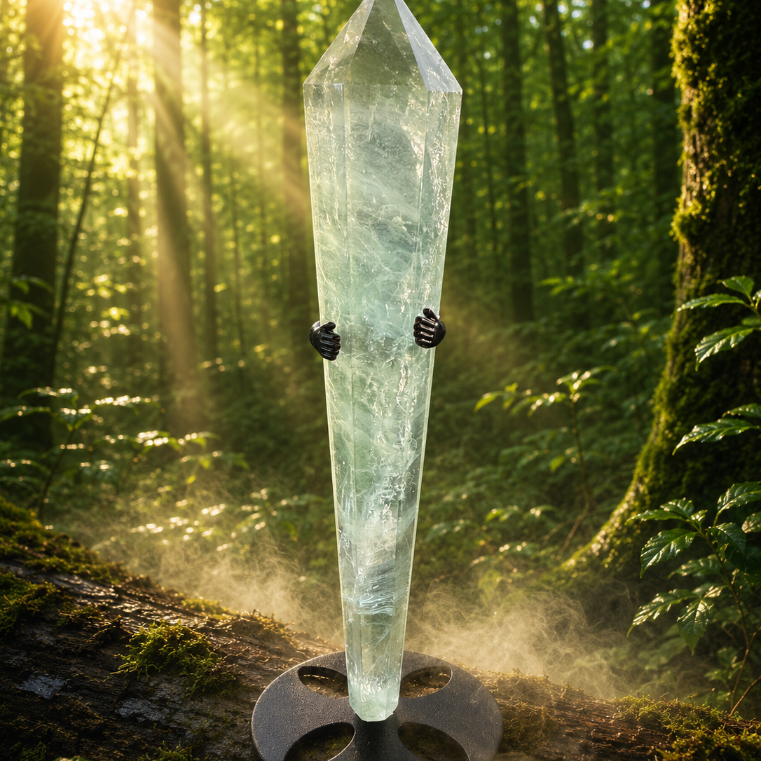 Rainbow fluorite wand with vibrant color bands, polished crystal point, and smooth surface, used for healing and energy work.