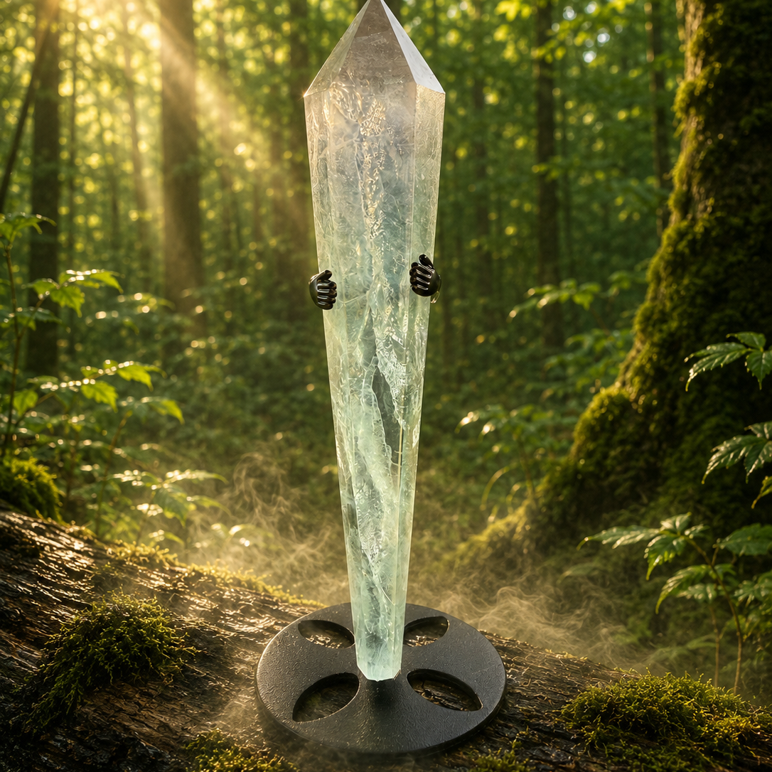 Rainbow fluorite wand with vibrant bands of color, polished and cylindrical, from 1 Practical Magic Store.