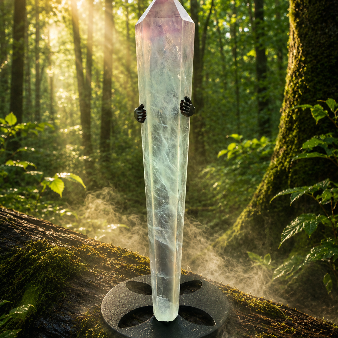 Rainbow fluorite wand from 1 Practical Magic Store showing vibrant multicolored crystal with smooth, polished surface and pointed tip.