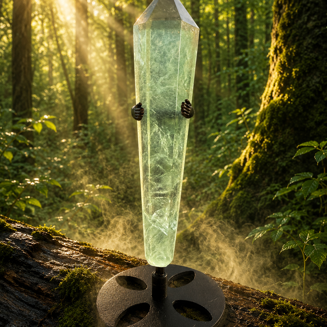 Colorful rainbow fluorite wand with smooth, polished surface, showcasing vibrant bands of purple, green, and blue hues.