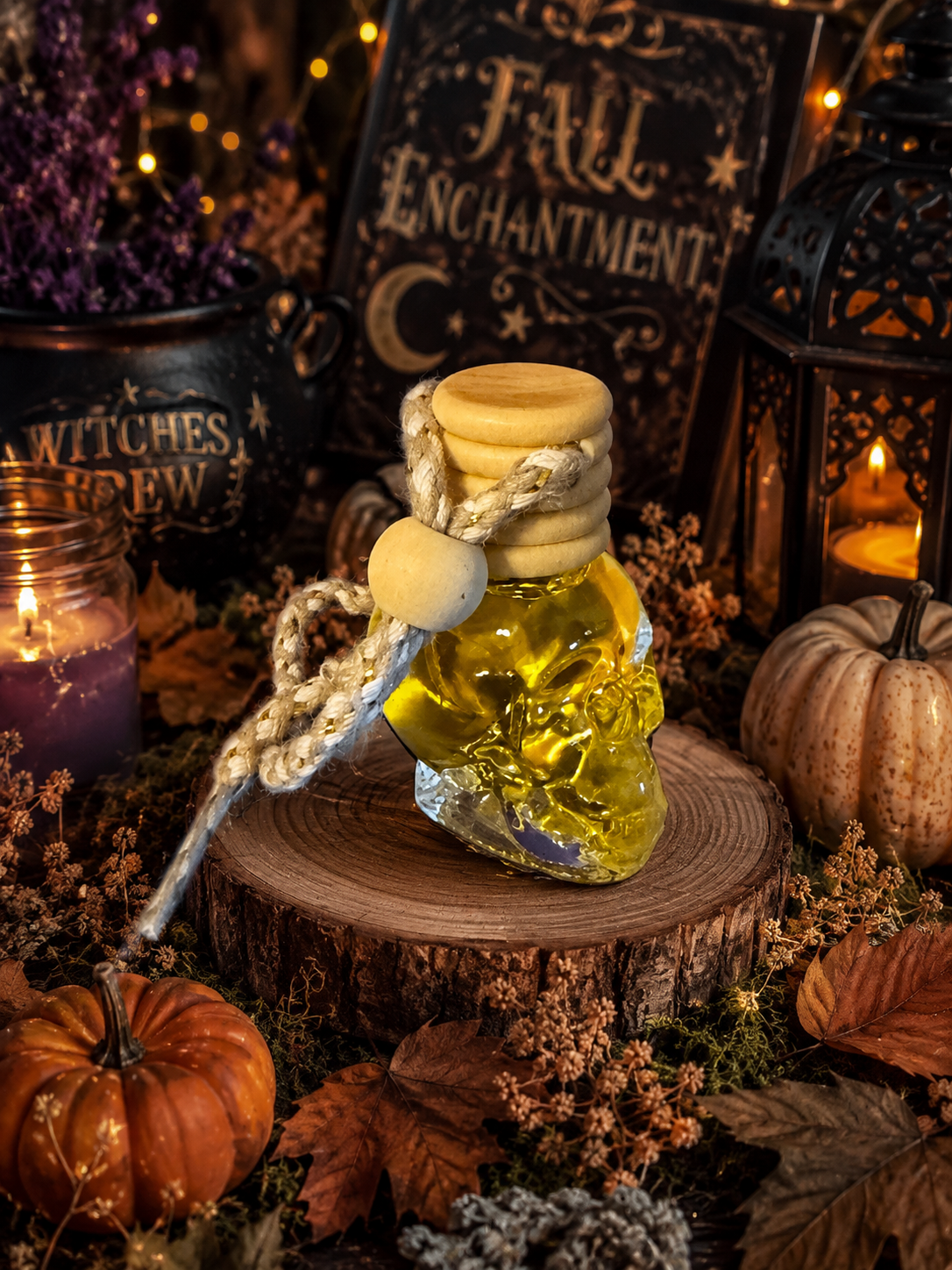 Spooky skull hanging oil diffuser with fall-themed accents, part of the Fall Enchantment Accessories collection by 1 Practical Magic Store