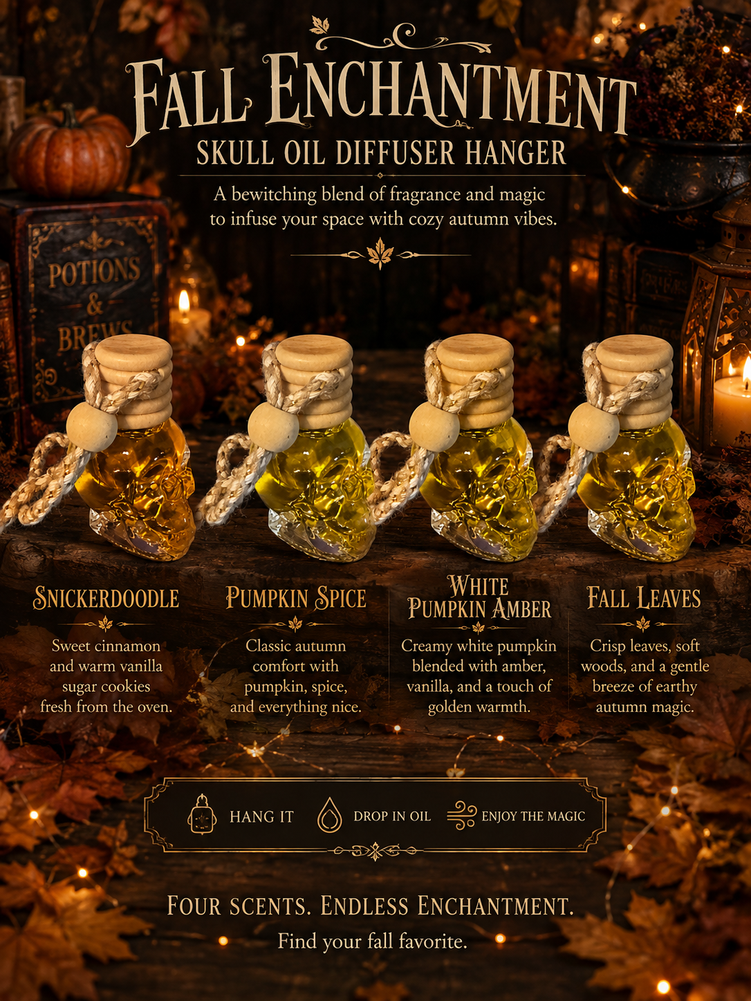 Spooky skull hanging oil diffuser accessory with autumn-inspired design, perfect for Halloween or fall-themed decor.