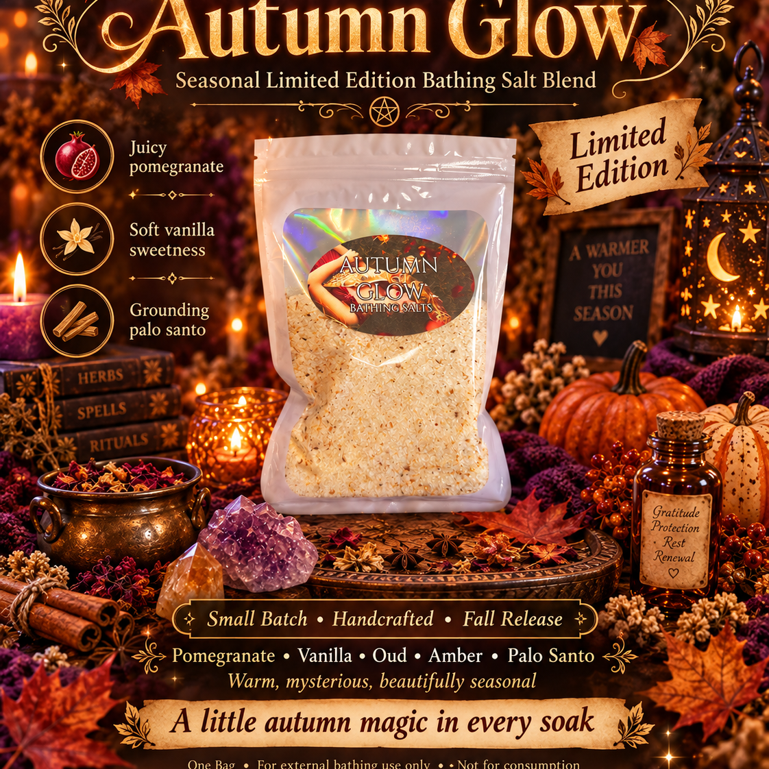 Autumn Glow limited edition seasonal bathing salt blend by Practical Magic Store, featuring warm, cozy bath salts with autumnal scents.