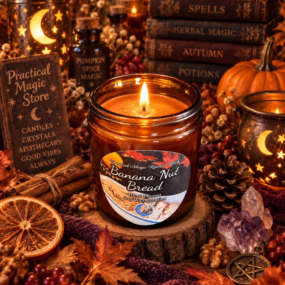 Banana Nut Bread Kitchen Witch soy candle by 1 Practical Magic Store, limited edition fall hand-poured candle for cozy kitchen ambiance.