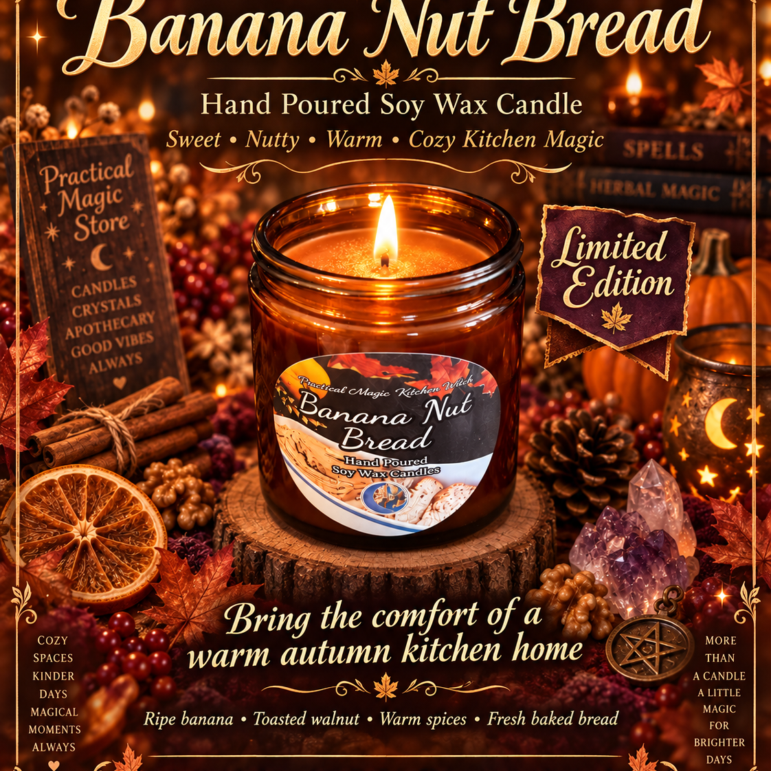 Limited edition Banana Nut Bread Kitchen Witch soy candle by 1 Practical Magic Store, hand-poured and perfect for fall decor.
