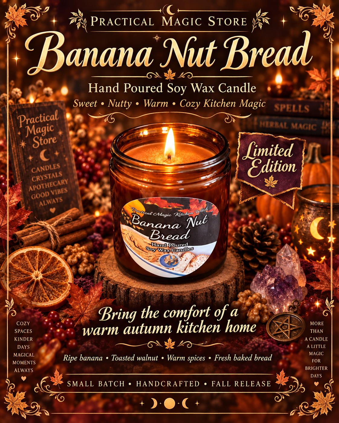 Limited edition fall Banana Nut Bread Kitchen Witch soy candle by 1 Practical Magic Store, hand poured with warm, inviting bakery scent.