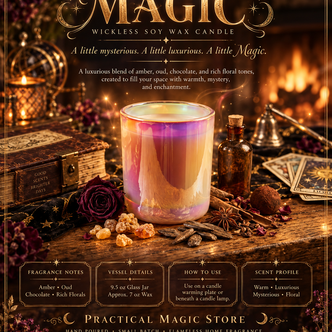 Handpoured wickless soy wax candle from Practical Magic Store, flameless and perfect for cozy, safe lighting.