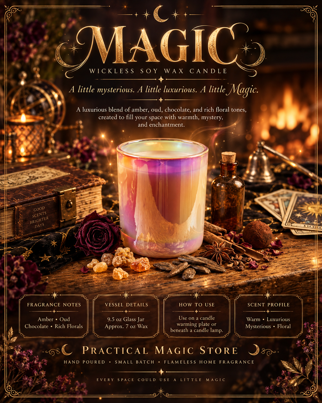 Handpoured soy wax candle from Practical Magic Store, wickless flameless candle in a decorative container.
