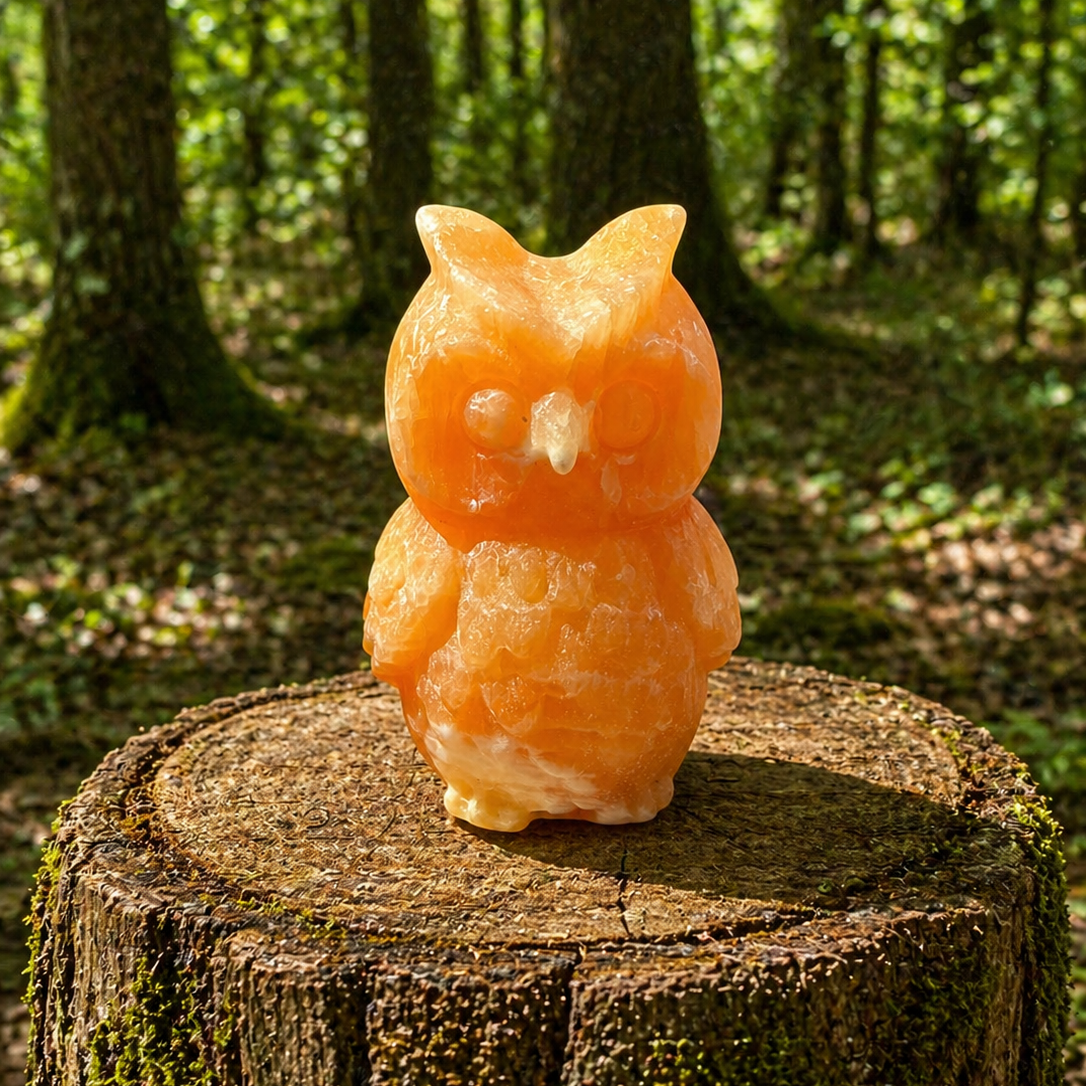 Orange calcite owl carving showcasing natural stone with warm orange tones and detailed craftsmanship.