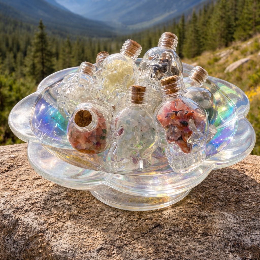Glass skull jar filled with colorful crystal chips, decorative crystal skull bottle for collecting or display.