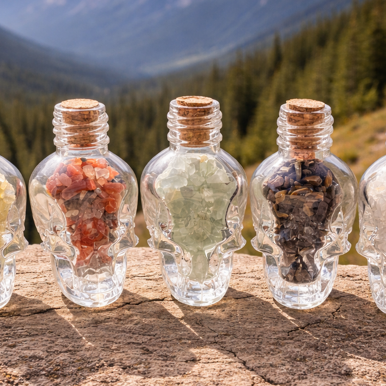 Glass skull jar filled with colorful chip stones, showcasing a decorative crystal skull design for spiritual or collection use.