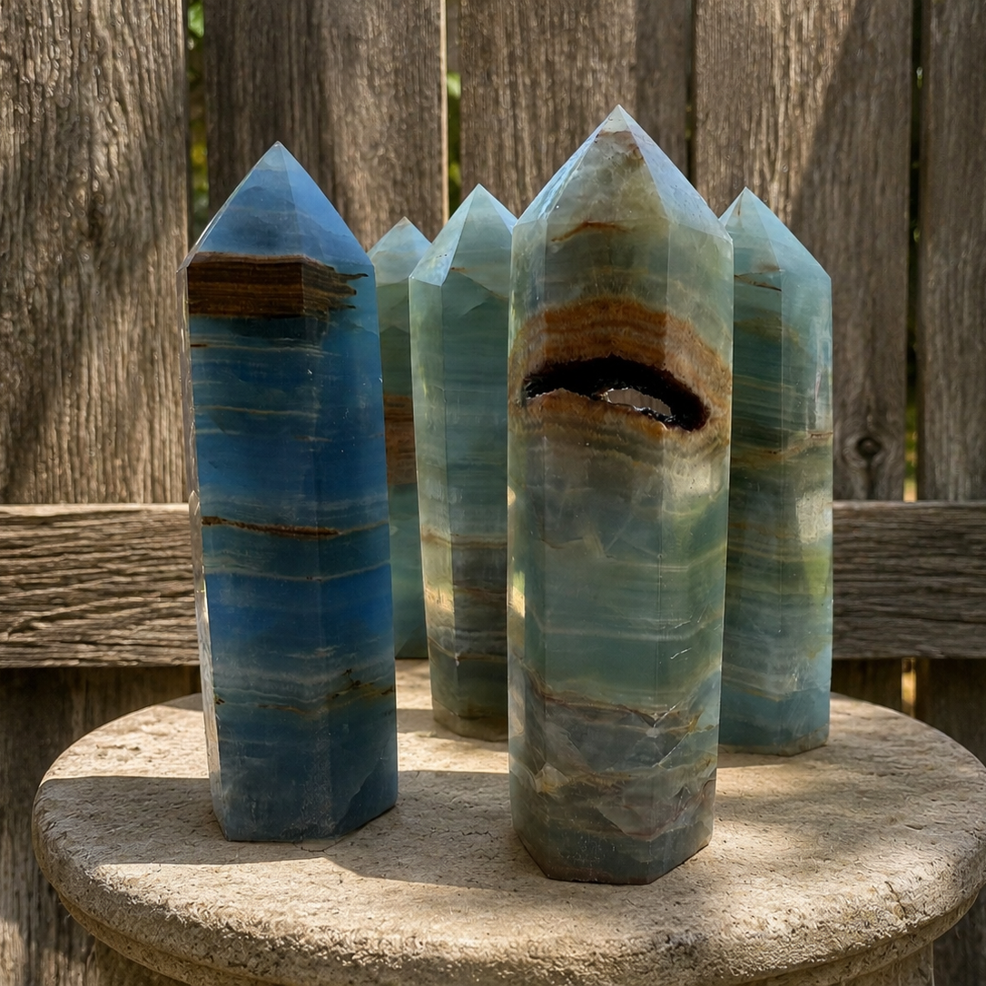 Blue Lemurian Aquatine Onyx tower crystal with deep blue and aquamarine hues, polished and faceted, from Practical Magic Store.