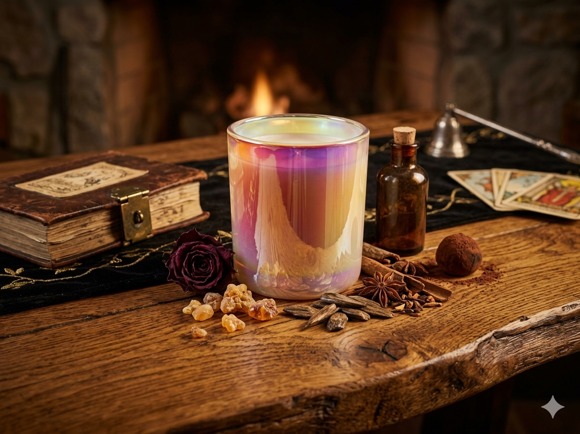 Handpoured wickless soy wax candle labeled "Magic" by 1 Practical Magic Store, featuring a decorative design and soft glow.