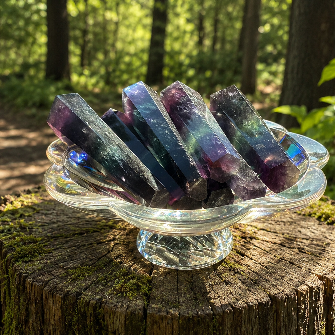 Purple, blue, and green banded fluorite wand with a polished surface, showcasing vibrant colors and natural crystal patterns.