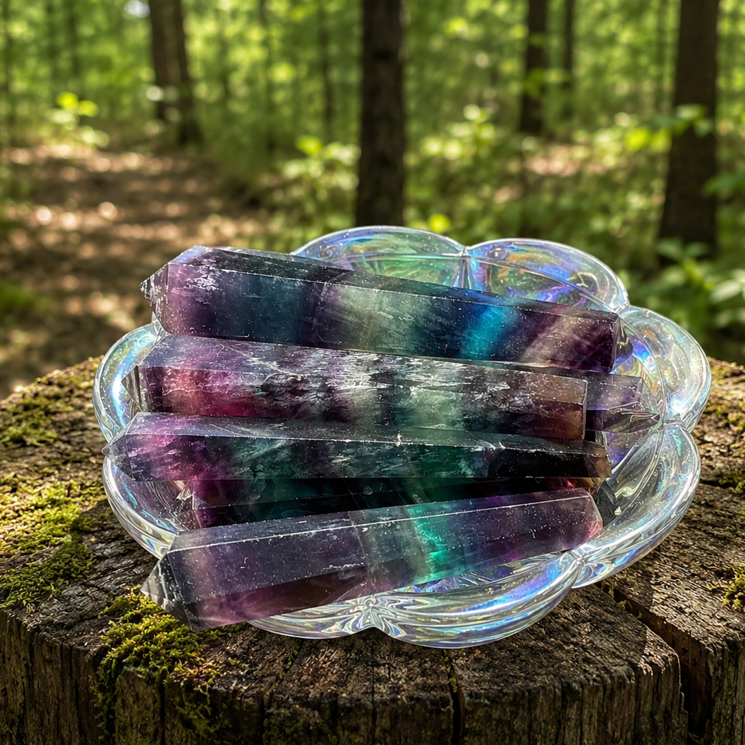 Purple, blue, and green banded fluorite wand with smooth polished surface, showcasing vibrant mineral colors and natural striations.
