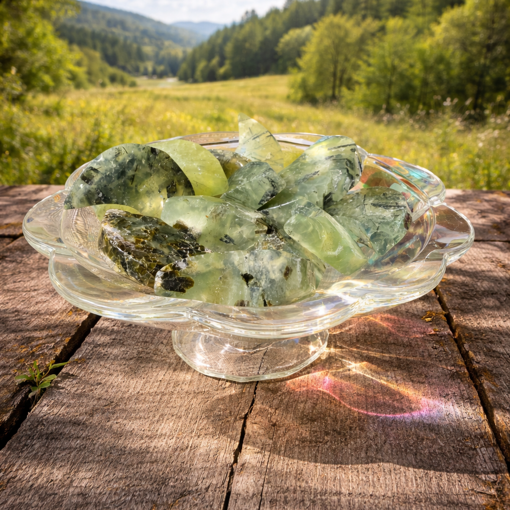 Prehnite with epidote moon-shaped gemstone, polished and smooth, showcasing green and darker mineral inclusions.
