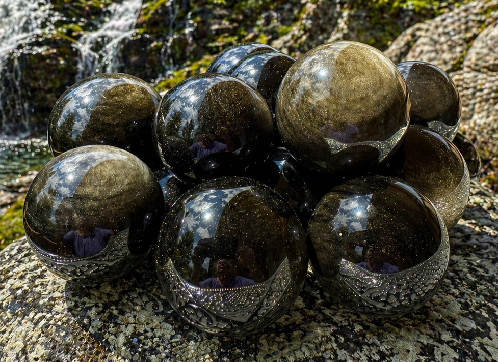 Natural gold and silver sheen obsidian sphere with smooth polished surface, showcasing vibrant iridescent colors and reflective finish.