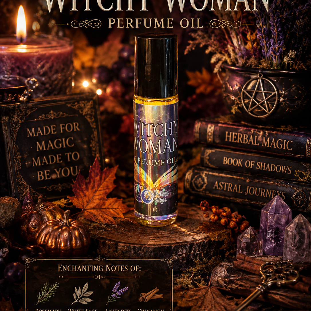 Witchy Woman roll-on perfume oil by Practical Magic Store, featuring a dark glass bottle with a metal rollerball cap.