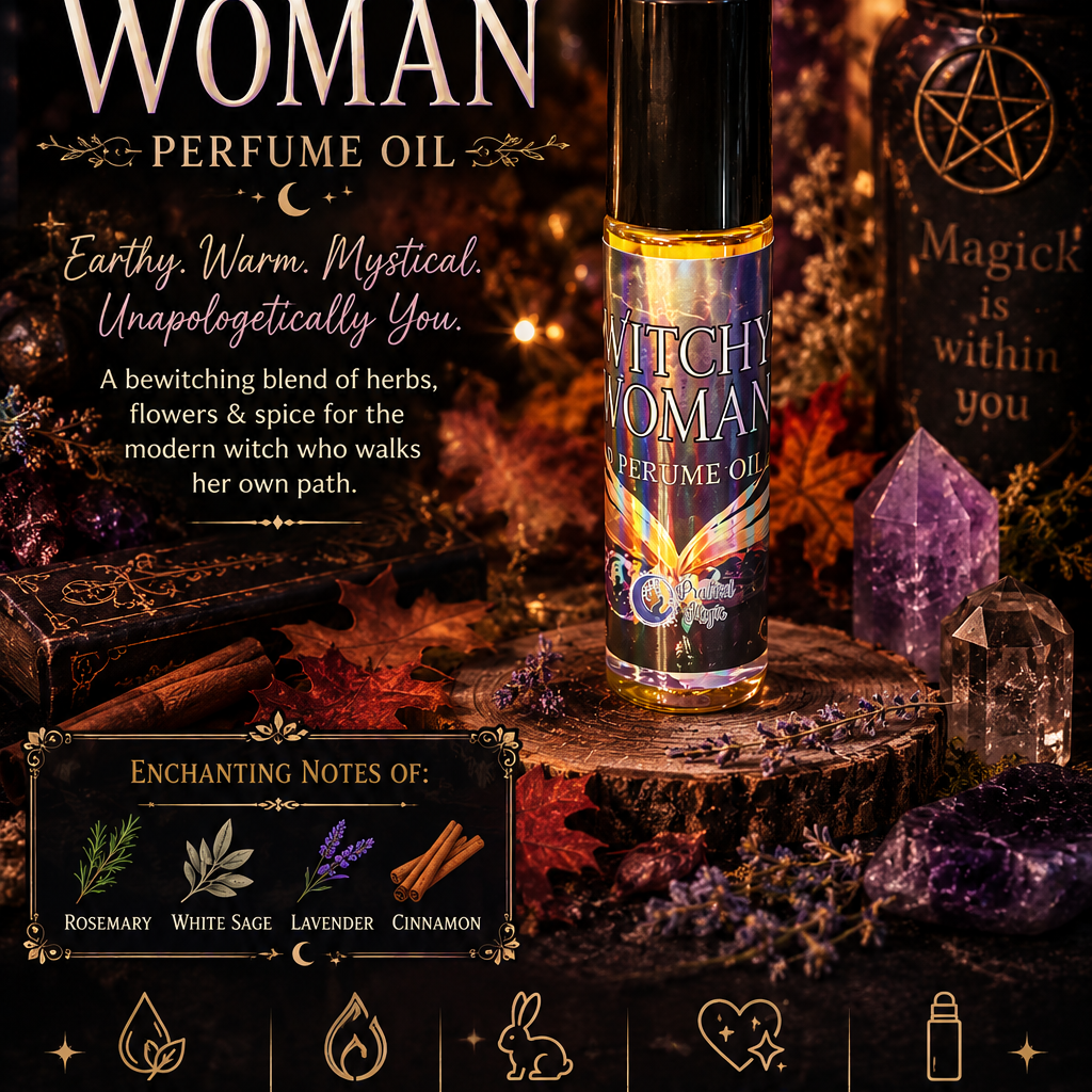 Witchy Woman roll-on perfume oil in a sleek glass bottle with a black cap, designed for easy application and mystical scent.