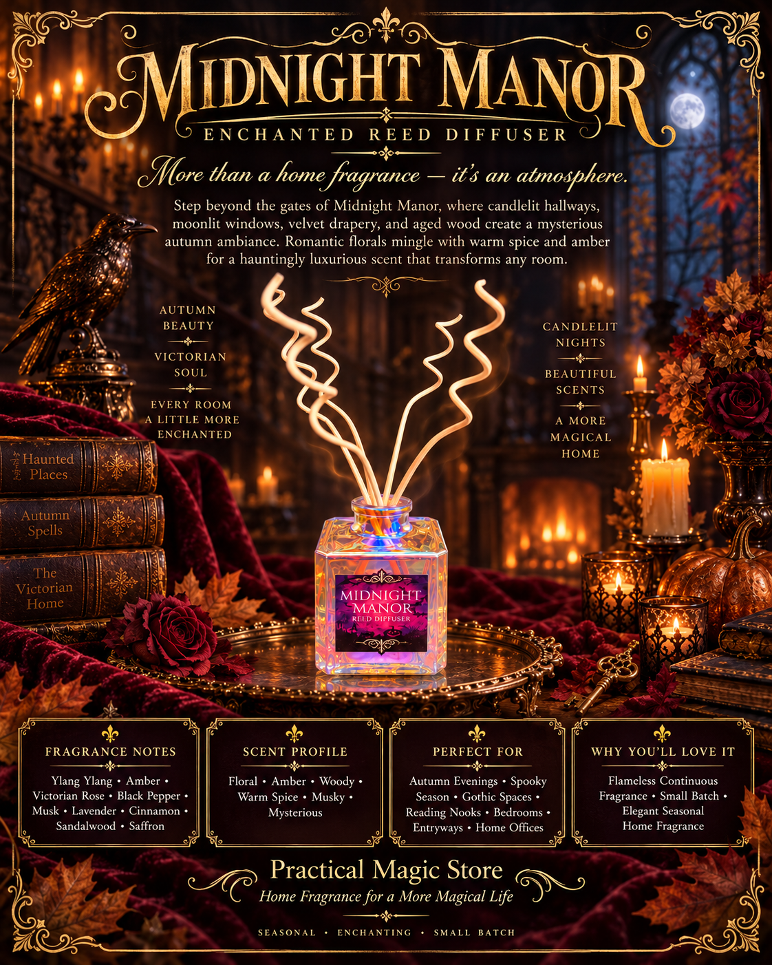 Elegant reed diffuser with a dark, midnight-themed design and decorative reeds, from the Midnight Manor Enchanted Reed Diffuser collection.